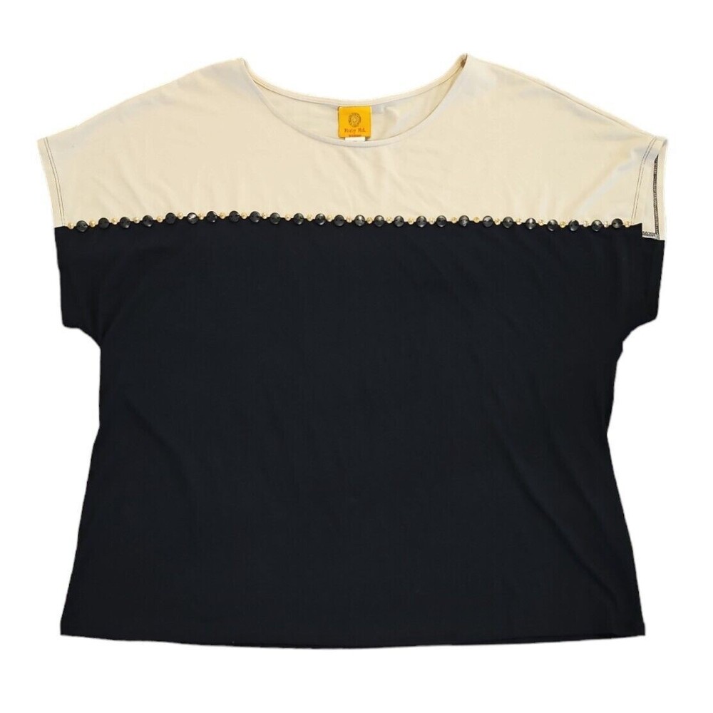 Ruby Rd. Top Womens Size 1X Black Beige Blouse Cap Sleeve
